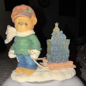 Cherished Teddies Holiday Bear with Sled in Green and Blue